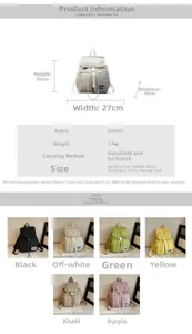 Detailed size specifications and color options for the minimalist drawstring backpack