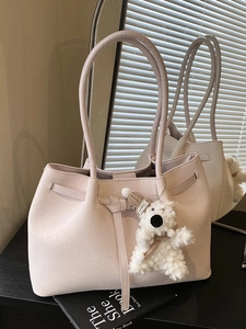 Women Woven PU Leather Tote Bag Large Capacity Minimalist Shoulder Bag With Plush Charm Urban Style Commuter Handbag