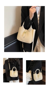 Detailed views of beige lychee texture bucket bag with gold clasp and adjustable strap