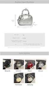 Detailed size chart and multi-color options for the metallic PU leather pillow bag