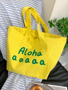 Large yellow canvas tote bag with Aloha lettering for summer daily commuting and shopping
