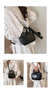 Detail shots showing the black retro handbag in shoulder, crossbody, and hand-carry modes