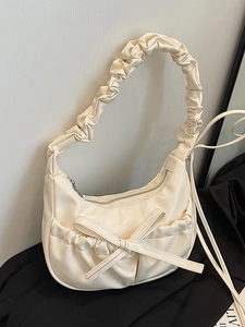 Korean Style Women PU Leather Pleated Underarm Bag Bow Knot Half Moon Shoulder Bag Versatile Daily Commuter Crossbody Bag
