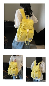 Detailed views of a minimalist bright yellow nylon backpack with white buckle and side pocket