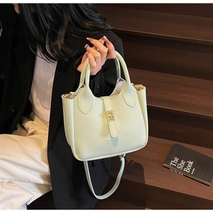 Detail of light green litchi texture bucket bag with metal lock and leather handle