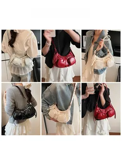 Collage of chic punk motorcycle style shoulder bags in silver, red, beige, and black