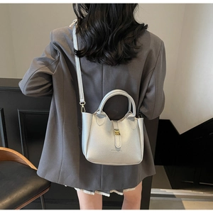 Silver bucket bag with litchi texture shown in a stylish fashion back view