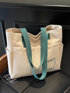 Women Large Capacity Canvas Tote Bag With Cat Embroidery Contrast Color Straps Multi-Pocket Shoulder Bag For Work School Casual