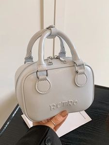 Women Retro Boston Bag PU Leather Crossbody Bag Fashion Solid Color Letter Embossed Handbag Double Handle Shoulder Bag