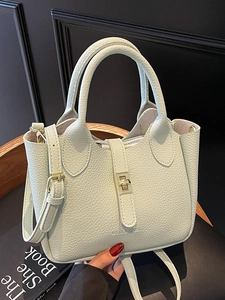 Women Fashion PU Leather Bucket Bag Lychee Pattern Handheld Bag With Gold Metal Lock Adjustable Shoulder Strap Messenger Bag