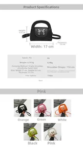 Detailed dimension guide and size specs of the PU mini bow handle bag showing various colors