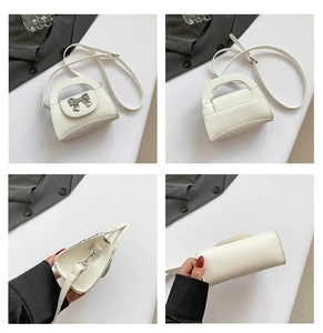 Detailed views of a white crossbody bag with lychee texture and silver bow buckle