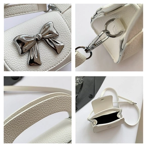Detailed views of white lychee leather handbag featuring silver bow and metallic hardware