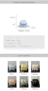 Detailed size chart and multi-color selection of quilted mini backpacks with chain straps