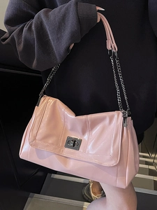 Vintage pink glossy patent leather tote bag with silver clasp and chain strap for women
