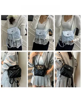 Detail shots of mini quilted backpack showing versatile chain straps and metal twist lock