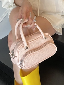 Pink lychee texture boston bag with silver zippers and double handles for women