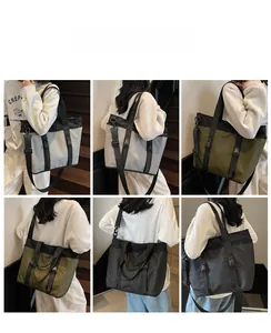 Three colors of durable large nylon tote bags shown from multiple angles on a model