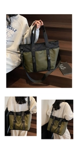 Detail of olive green oxford fabric tote bag with buckles and adjustable shoulder straps