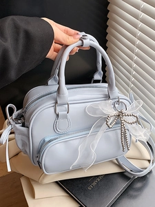 Women Sweet Korean Style PU Leather Boston Handbag With Lace Bow Artificial Pearl Charm Elegant Shoulder Crossbody Bag For Commute Dating