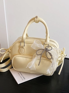 Creamy beige Boston handbag with mesh bow and silver beads, elegant Korean style fashion