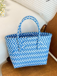 Blue and white hand-woven basket tote bag for summer beach holidays and daily leisure