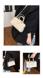 Détails d'un sac à main en cuir verni crème montré sous différents styles de porté