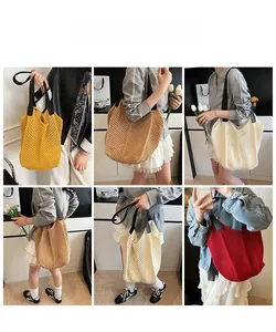 Collage of model carrying various colorful hollow woven tote bags in summer casual styles
