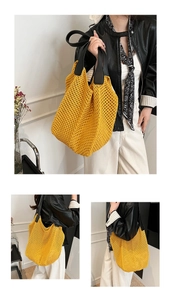 Close-up of the yellow hollow crochet weave and contrasting black leather handles on tote bag