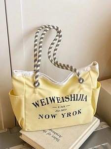 Sac Fourre-tout en Toile de Style Coréen pour Femmes Sac à Bandoulière Rétro Décontracté Avec Impression de Lettres Et Poignées Tissées Sac de Banlieue Grande Capacité
