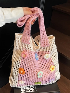 Sac Fourre-Tout en Crochet à Fleurs pour Femmes Fait Main Ajouré Tissé Sac à Épaule Léger Décontracté Plage Vacances