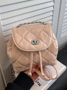 Women Mini Quilted Backpack PU Leather Rhombus Pattern Fashion Chain Shoulder Bag With Metal Rotary Lock And Drawstring Closure