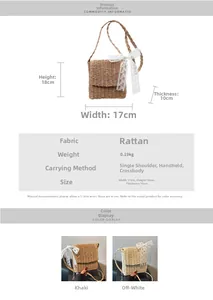 Detail view of straw woven crossbody bag with lace bow and compact size specifications