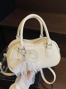 Women Korean Style Minimalist PU Leather Boston Bag Sweet Artificial Pearl Lace Bow Handbag Commuter Shoulder Crossbody Bag