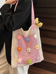 Sac cabas crocheté main avec fleurs 3D colorées et motif en maille ajourée rose blanc