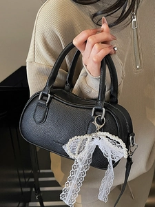 Elegant black lychee leather Boston handbag with lace pearl bow charm for women