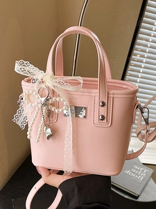 Women Mini Bucket Bag PU Leather Lace Bow Artificial Pearl Heart Charm Crossbody Handbag Stylish Sweet Commute Tote Satchel Bag