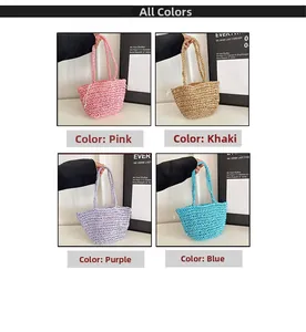 Selection of woven straw tote bags in pink, khaki, purple, and blue colors