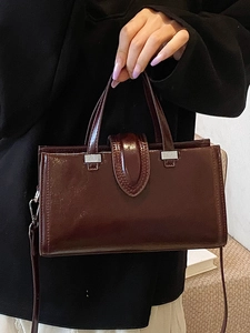 Sac à main minimaliste en cuir ciré pour femme, marron foncé avec finition brillante