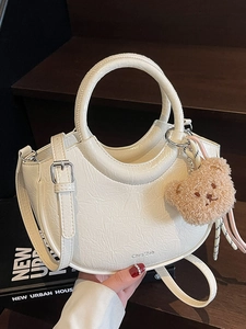 Fashion Glossy Crinkled PU Bucket Bag For Women Minimalist Crossbody Shoulder Bag With Bear Pendant Tassel Daily Handbag