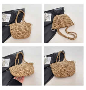 Detail view of woven straw basket bag with herringbone texture and drawstring closure