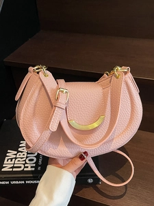 Women Retro Lychee Pattern PU Leather Saddle Bag Modern Minimalist Crossbody Shoulder Bag With Gold Metal Buckle Daily Small Tote Bag