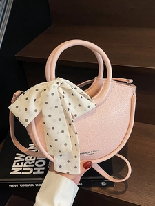 Sac Seau en Cuir PU Minimaliste pour Femmes Avec Foulard en Satin à Pois Poignée Ronde Mode Sac à Main Bandoulière Couleur Unie