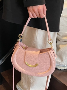 Chic pink lychee pattern leather saddle bag with gold metal hardware for women