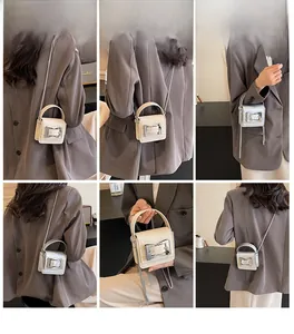 Collage of chic mini crossbody bags in cream and silver with metallic buckles