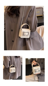 Detailed views of a mini cream-white crossbody bag with silver bow clasp and chain strap