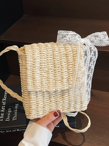 Handmade Straw Woven Crossbody Bag With Lace Bow For Women Summer Beach Vacation Bohemian Small Square Shoulder Bag