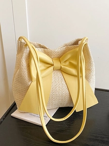 Sac Cabas en Paille Tressée pour Femmes Grand Nœud en PU Sac à Épaule d'Été Plage Style de Vacances Polyvalent