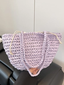 Korean Ins Style Handwoven Straw Bucket Bag For Women Summer Casual Beach Vacation Shoulder Bag With Drawstring Inner Pouch