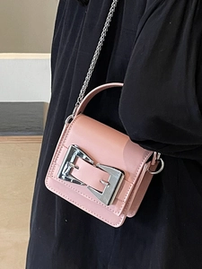 Pink mini crossbody bag for women with silver chain strap and stylish buckle accent